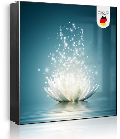 banjado Großer Schlüsselkasten Metall - Schlüsselbox 30x30cm beschreibbarer mit 32 Haken - Schlüsselkasten modern für Schlüsselaufbewahrung - Korpus Schwarz Scharnier Links - Motiv Magische Lotusblüte