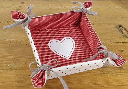 Brotkorb Stoff ROSI 20x20 cm - Eckiger Brötchenkorb in Rot Weiß mit Herz & Punkten - Nachhaltig aus 100% Baumwolle, waschbar bei 30°, Landhausstil für Brot, Brötchen, Gebäck oder Tischdekoration
