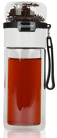BOOMGROO 380 ml Tee-Glasflasche – Wasserflasche mit Teesieb – Tragbarer, leichter Reisebecher – Edelstahl-Mesh-Sieb schwarz