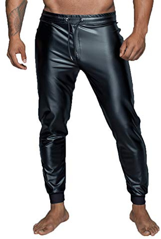 Noir Handmade Pantalones de hombre en negro Treggings pantalones de Powerwetlook con cintura elástica para atar. Negro XXL