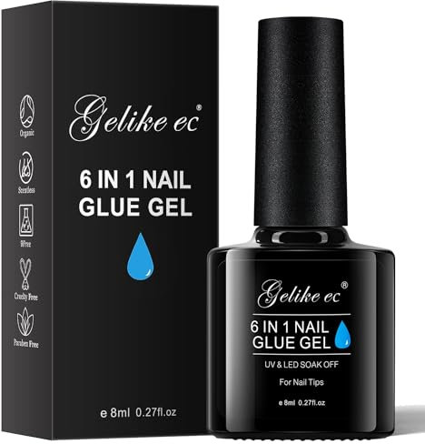 Gelike ec Nagelkleber Für Kunstnägel 6 in 1Clear Extra Stark Nail Glue Für Press On Nail Glue Gel For Nail Tips Nagelkleber Gel Für Fake Nails-Brauchen Ausharten Unter UV Nagellampe 8ML