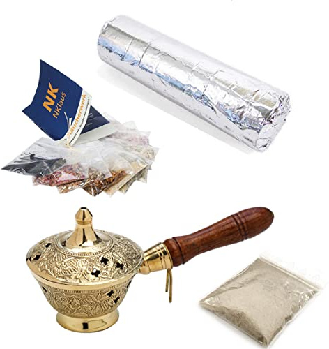 NKlaus Räucherkohle Set mit Goldener Messing-Räucherpfanne, 13 Stück | Enthält 10 Räucherwerke; handgefertigt; Pfanne 17x8cm, Ø 7cm
