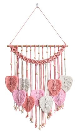 Uixxducc Makramee Wandbehang, Handgemacht Boho Gewebte Blätter Wandteppich, Böhmische Tapisserie Wandkunst Wanddekor für Schlafzimmer Wohnzimmer Hochzeit (Rosa)