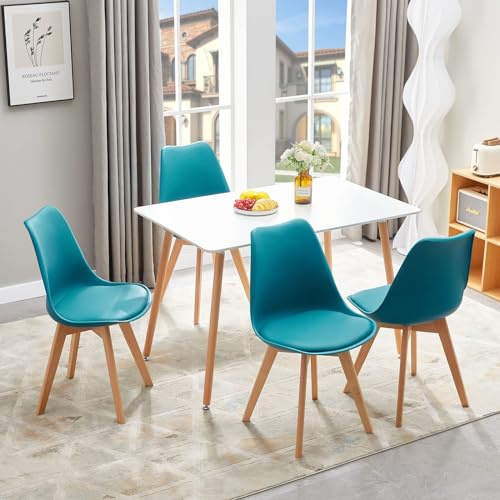 FURNITABLE Esstisch mit 4 Esszimmerstühle, Skandinavisches Design Küchentisch mit Gepolsterter Stühlen Passend für Esszimmer Küche Wohnzimmer, Weißer Esstisch mit 4 Türkise Stühle, SE-1W+TP-4LB-IC