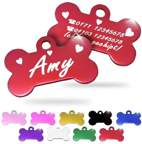 Ibera gifts - Hundemarke mit Gravur und personalisierte Hundemarke in Knochenform für kleine bis mittelgroße Hunde und Katzen (Rot, Herzen)