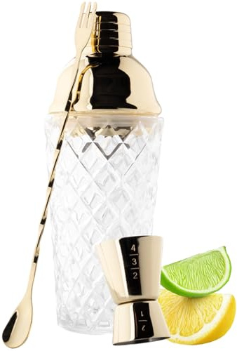 Taylor's Eye Witness Taproom 3pcs Gold Coloured Stainless-Steel & Glass Debossed Pattern Cocktail Shaker Set - Includes 400ml (14fl oz) Metal Cobbler Shaker, 25ml/40ml Double Jigger & Mixing Spoon.