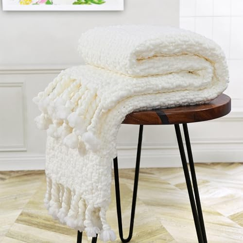 BYTIDE Chunky Knit Throw Blanket with Braided Tassels 50 x 60, Hand Knitted Soft Thick Yarn Basket Weave Boho Farmhouse Blanket, Plush Fluffy Tassel Decor Throw for Couch Bed Sofa, Cream