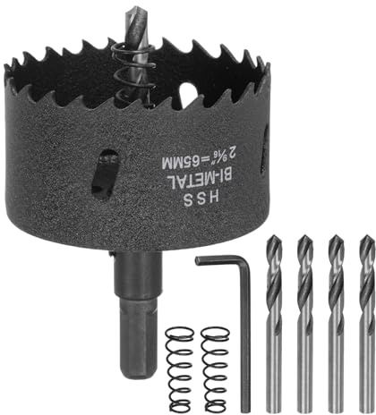 sourcing map Bi-Metal Hole Saw Kit 65mm (2-35/64) Hole Cutter Set with 1pcs 1/2 Hex Shank Arbor 5pcs 1/4 Center Drill Bits 3ps Springs 1pcs Wrench for Wood Plastic Soft Metal