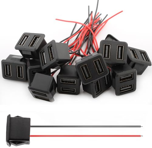 VISSQH 12 PCS Micro USB Socket,3A 2 pin USB Female Type A Soldering Jack with Card Buckle,2 Wire Micro USB Panel Mount connector,22AWG USB Socket Pigtail Cable Extension Power Cable(Double)