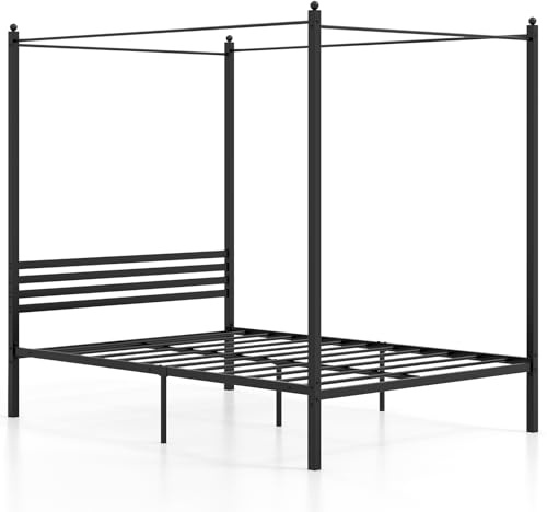COSTWAY Himmelssäng 140 x 200 cm, sängram med ribbotten, metallsäng, dubbelsäng, sängram, dubbelsäng, sovrumssäng, svart