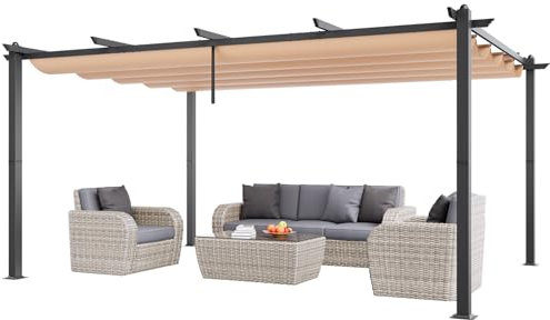 VEVOR Pergola rétractable extérieure 3,6 x 4,9 m, tonnelle de jardin en aluminium avec auvent pare-soleil en toile polyester haute densité anti-UV, pour patios, jardin, terrasses, arrière-cours, beige