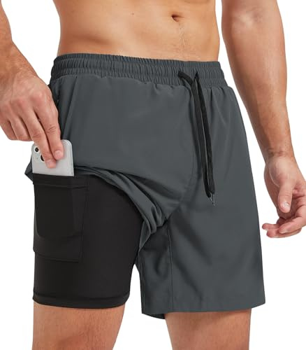 Danfiki Sportbyxor för män, korta löparshorts, korta 2 i 1 löpshorts med inbyggda fickor