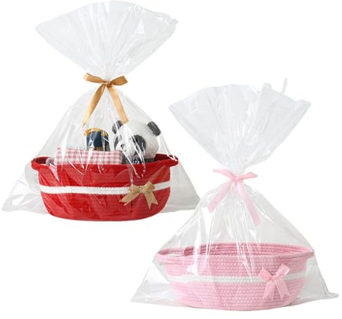 PandaEar Pack de 2 Pequeñas Cestas Tejidas, Cestas de Algodón Vacías para Regalos de Baby Shower, Navidad, Cumpleaños, Organizador Reutilizable y Kit de Envoltura de Regalo, 30x20x12 cm, Rojo y Rosa