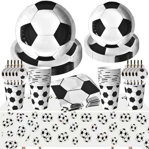 Set de Décoration Fête Football 91 Pièces, Assiette Anniversaire Football Les Amateurs de Football Fête Assiettes en Carton Serviette Gobelets Pailles Nappe, Décoration D'anniversaire de Football