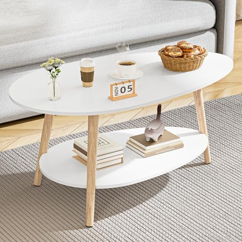 BonVache Oval Coffee Table,2-Tier Center Table with Storage Shelves, Tea Desk with Wood Legs,Small Desk for Small Space, Living Room Bedroom Apartment Home Office White