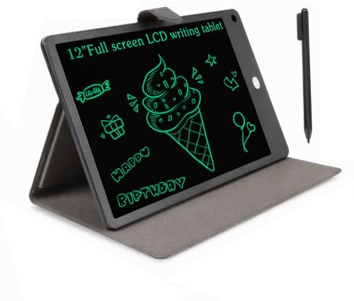 12 Inch Erasable LCD Writing Tablet for Kids Adults School | Reusable Doodle Board, Eye Caring Drawing Pad, PU Leather Cover, Lightweight Slate, Travel Notebook Gifts