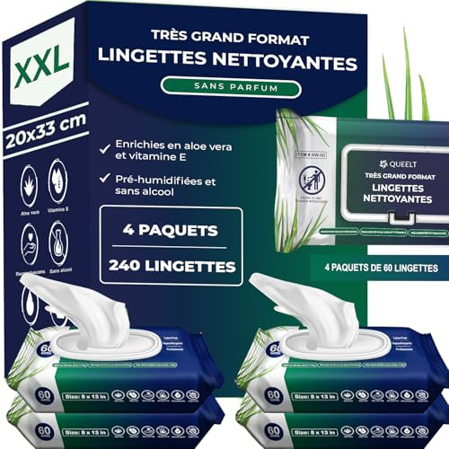 Toallitas húmedas extragrandes para adultos, sin perfume, 20 x 33 cm, suaves, para personas mayores, incontinencia e higiene, con vitamina E y aloe vera, 240 toallitas (4 x 60)