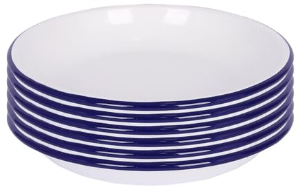 Argon Tableware 20cm White Enamel Pasta Bowls with Blue Rim - Pack of 6 Durable Oven & Camping Bowl for Spaghetti, Soup, Stew, Casserole, Rustic Kitchenware, Outdoor Dining