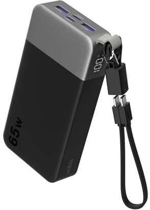 NOBIS Batterie Externe 20000mAh 65W Power Bank avec Câble Sangle | Charge Rapide USB-C 2C+2A pour Ordinateur Portable, Tablette, Téléphone et Steam Deck, avec Écran LED