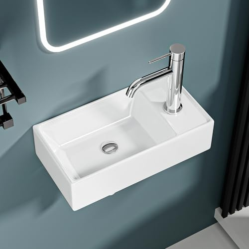 DILECI Lave-Mains Grand Format avec Rebord Sortie Droite 41,5x22x10 cm – Vasque en Céramique Blanche Brillante – Idéal Toilettes et Salles d’Eau – Design Moderne Élégant