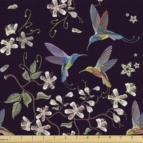 ABAKUHAUS Kirschblüte Stoff als Meterware, Kolibri, Qualitäts Stoff Dekorativer Polster Heimtextilienstoff, 2M (148x200cm),Schwarz Beige