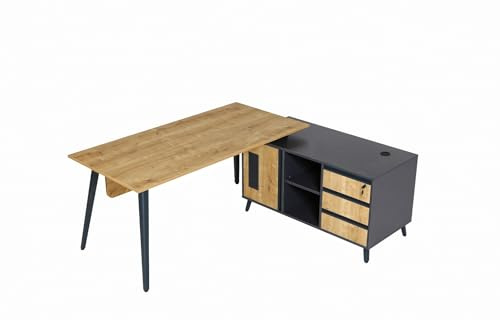 furni24 Schreibtisch, modernes Design, für Jugendzimmer Büro, große Arbeitsfläche, Tisch mit Schubladen inklusive Caisson, Möbelschrank, Shift HBT: 180 x 80 x 75 cm, Eiche