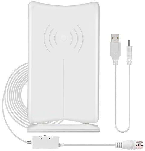 GEEKERA TV Aerial, Indoor Outdoor TV Ariel 400KM Freeview Digital HDTV Arial 4K 1080P 360°Omni Directional Signal Reception with Aerial Booster Long Cable Detachable Stand for Channel