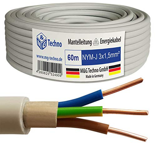 M&G Techno 60m NYM-J 3x1,5 mm² Mantelleitung Feuchtraumkabel Elektrokabel Kupfer Made in Germany, grau