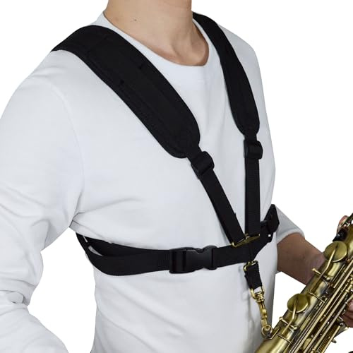 adorence Saxophon Gurt, Saxophon Schultergurt, Harness - H05 Medium | Für Alt-, Tenor- & Baritonsaxophon, verstellbarer Brustgurt, Metall-Drehkarabiner, breite Schulterpads & Balance-Design