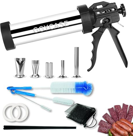 GGYCASE Large Capacity Stainless Steel Jerky Gun Kits, Sausage Stuffing Machine, Meat Gun, Jerky Machine with 5 Stainless Steel Nozzles and 3 Brushes