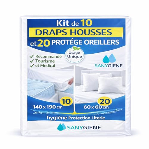 SANYGIENE | Kit Protection Literie Jetable 140X190/200 | 10 Housses Matelas 140X190-200 cm (Extensible) + 20 Taies Oreiller Usage Unique 60X60 cm | Hygiène Lit Tourisme et Médical