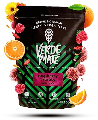 Verde Mate Green Raspberry Vitality – Yerba Maté Framboise 500g | Mélange de yerba maté vert brésilien aux framboises, baies de goji, orange et guarana. Alternative au café sans additifs