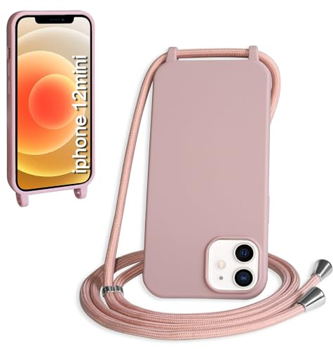 WenBaby Handykette für iPhone 12 Mini Hülle mit Band,Handyhülle mit Schnur zum Umhängen Silikon Seil Necklace Schutzhülle mit Kordel Tasche Case TPU Bumper für iPhone 12 Mini- Sandrosa