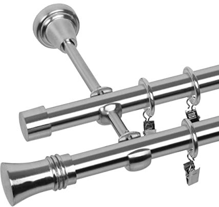 RENA Gardinenstange Vorhangstange 2-läufig - 19 mm - aus Metall - Lautlose Rollen - Komplettset - Edestahl Optik 260cm Prince