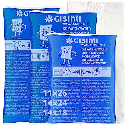 Gisinti Kit de Hielo en Gel Reutilizable Gel Caliente Frío Hecho en Italia Bolsa para Congelador y Microondas + Bolsa de Tela (3 Piezas Grandes)