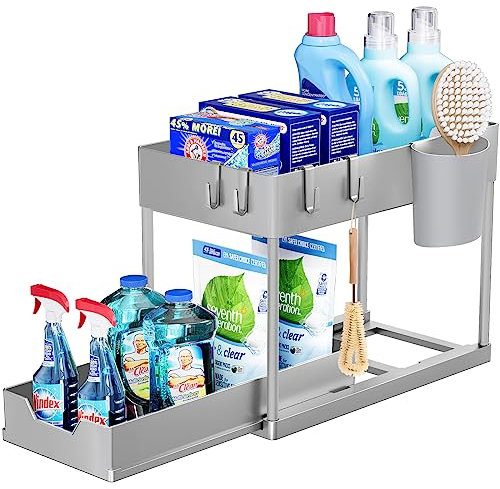 Puricon Organizer Sottolavello Cucina a 2 Livelli, Organizzatore Sottolavello Cucina Estraibile, Sottolavello Cucina Salvaspazio Multiuso Porta Detersivi Sottolavello Organizer per Cucina Bagno-Grigio