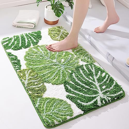 Panstar Green Leaves Bath Mat, Non Slip Large Plant Monstera Leaf Bath Rug Absorbent Bathtub Rug Bathroom Plush Shower Rugs (20X30)