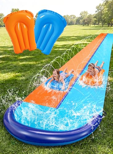 Sloosh 32.5FT/990.6cm Double Water Slides, Heavy Duty Lawn Slide with Sprinkler and 2 Inflatable Boards Backyard Yard Lawn Summer Outdoor Water Toy for Kids Adults