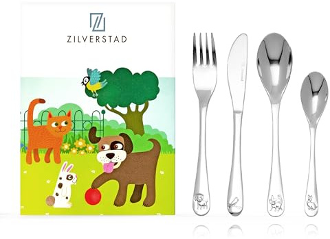 Zilverstad Kinderbesteck mit Namensgravur - Haustiere - Hund, Katze, Kaninchen, Vogel - 4-teilig eigener Gravur/Namen auf Besteck (Gravur möglich)