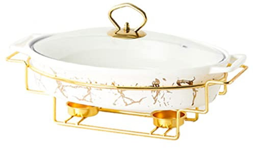 Food Warmer Ceramics Chafing Dish Buffet Set, Catering Buffet Warmer, With Holder, Food Pan And Lid, Oval Chafers Dish For Buffet/Weddings/Parties (White 33 * 20Cm)