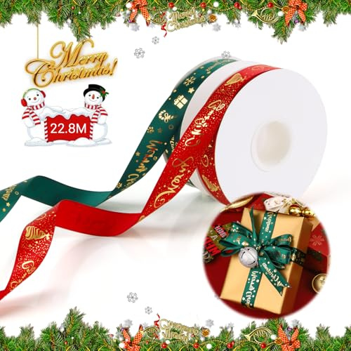 FairyPeach 2 Rollen Weihnachtsbaum Band, 2,5 cm * 23 m Geschenkband, Schleifenband Weihnachten, Schneeflockengeschenk (dunkelgrün) + Shining Christmas (Burgund), Girlandendekoration