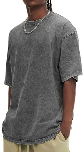Oversized T Shirts for Men Acid Washed Vintage Streetwear Basic Plain Short Sleeve Round Neck Tops Heavyweight Cotton Shirts Vintage Baggy Tops Loose Summer Clothes Casual Loungewear Plus Size S-5XL