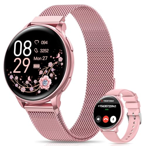 Sanorum Smartwatch Damen, 1.27 HD Screen Armbanduhr mit Telefonfunktion 120+ Sport, Menstruationszyklus SpO2 Pulsuhr Schlafmonitor Schrittzähler Fitness Tracker Rund, IP68 iOS Android Rosa