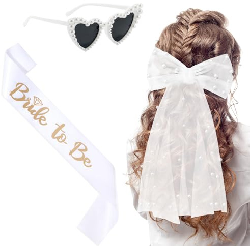 3 Stück Bride To Be Deko | JGA Accessoires Frauen | Weiß Schleier Braut | Bride To Be Schärpe | Herz Sonnenbrille | Bachelorette Party Accessories für Junggesellenabschied Frauen JGA Deko Frauen