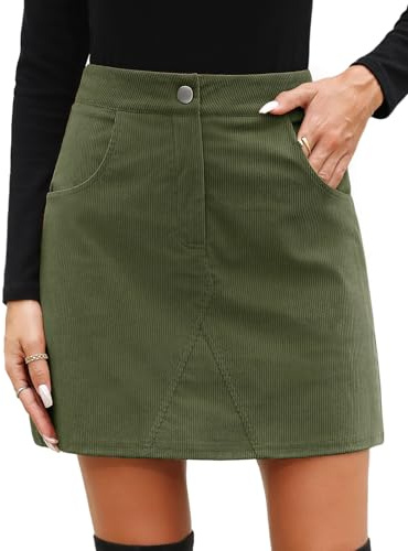 heekpek Gonna Corta Donna Autunno Invernale Vita Alta Elegante Minigonna Linea A Casual Gonne Invernali in Velluto a Coste con Tasche e Fodera, Verde, L