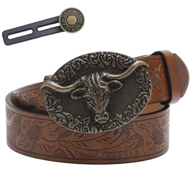 UOCAI Cintura Western Uomo in Pelle Marrone 120cm, con Bottoni Che Allargano, Cintura Occidentale, Cowboy Belt Donna con Fibbia Floreale Classica – Stile Country Elegante per Jeans, Concerti e Regali