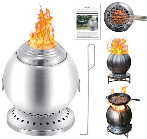 Goture Rauchfreie Feuerschale Kugelform, Edelstahl Tischfeuer mit Grillrost | 360° Panorama-Flamme, windfestes Design, tragbar, effiziente Verbrennung, inkl. Standfuß – Campingkocher für Garten & Balkon