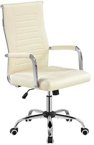 Yaheetech Sedia/Poltrona da Ufficio Ergonomica con Schienale Alto Reclinabile in Finta Pelle da Scrivania a Rotelle Girevole Altezza Regolabile Beige