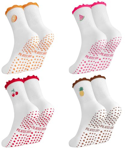 Newofview 4 Paare Pilates Socken Stoppersocken Damen Rutschfeste Socken Reformer Pilates Socks Antirutschsocken Grip Socks für Pilates Barre Ballett Yoga Tanz Trampolin Barfuß 39-42 Obst