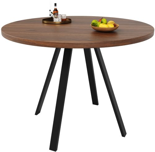 Table de salle à manger ronde 80 cm aspect noyer et pieds en métal noir - Table de cuisine ronde pour 2 à 4 personnes - Table de salle à manger moderne de taille compacte pour cuisine, salle à manger